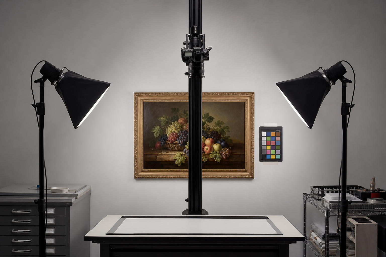 Riproduzione fotografica di un dipinto con banco da riproduzione e illuminazione uniforme in studio