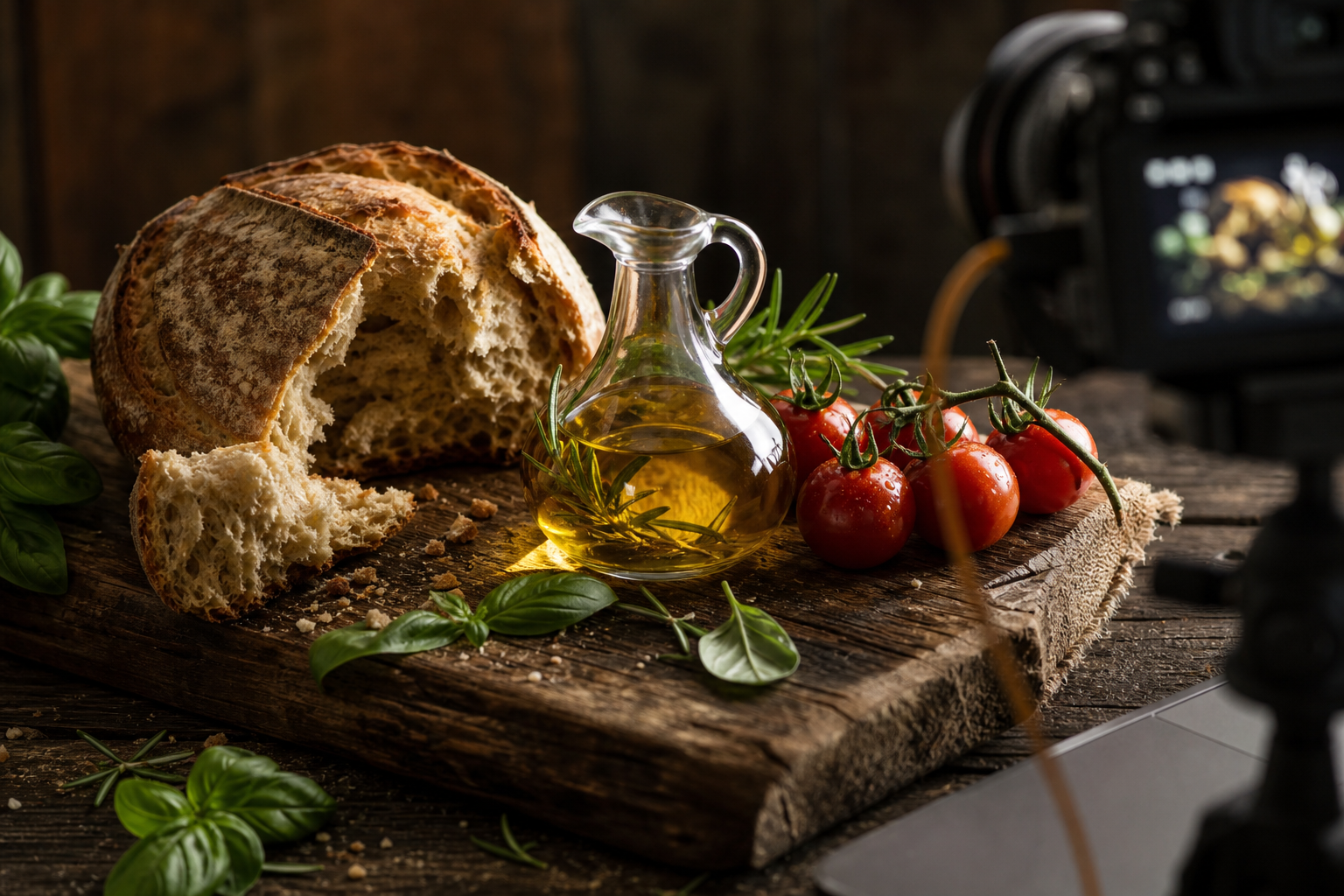 Composizione still life gastronomico con pane, olio e pomodori illuminati per una campagna food a Foggia