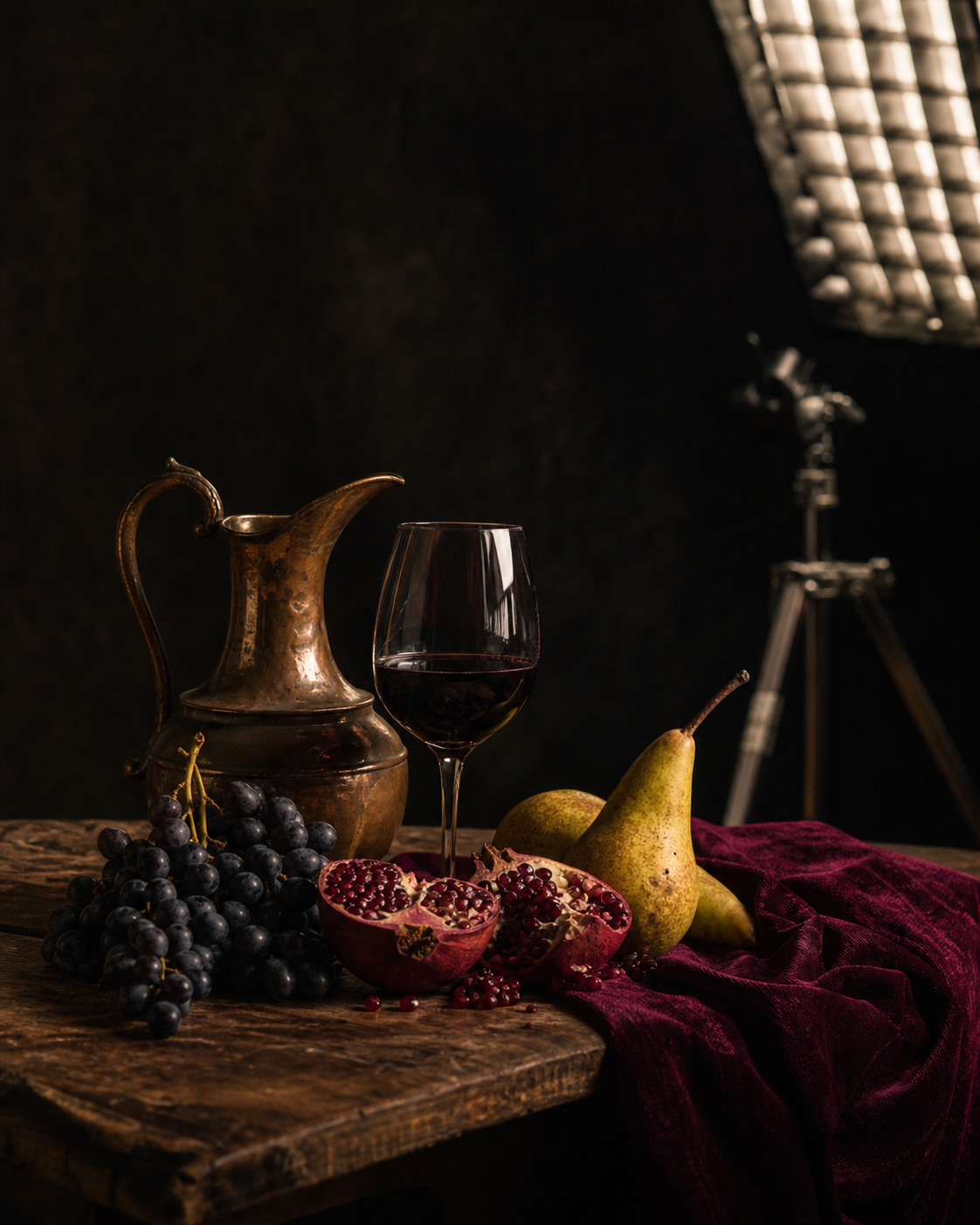 Composizione still life chiaroscuro con frutta e brocca in ottone su tavolo scuro in studio a Foggia