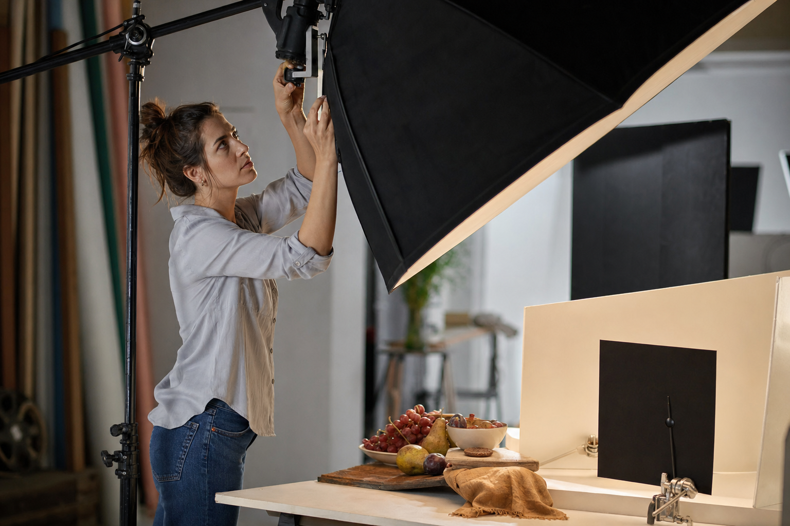 Fotografa che regola softbox e pannelli riflettenti su un set still life in studio a Foggia
