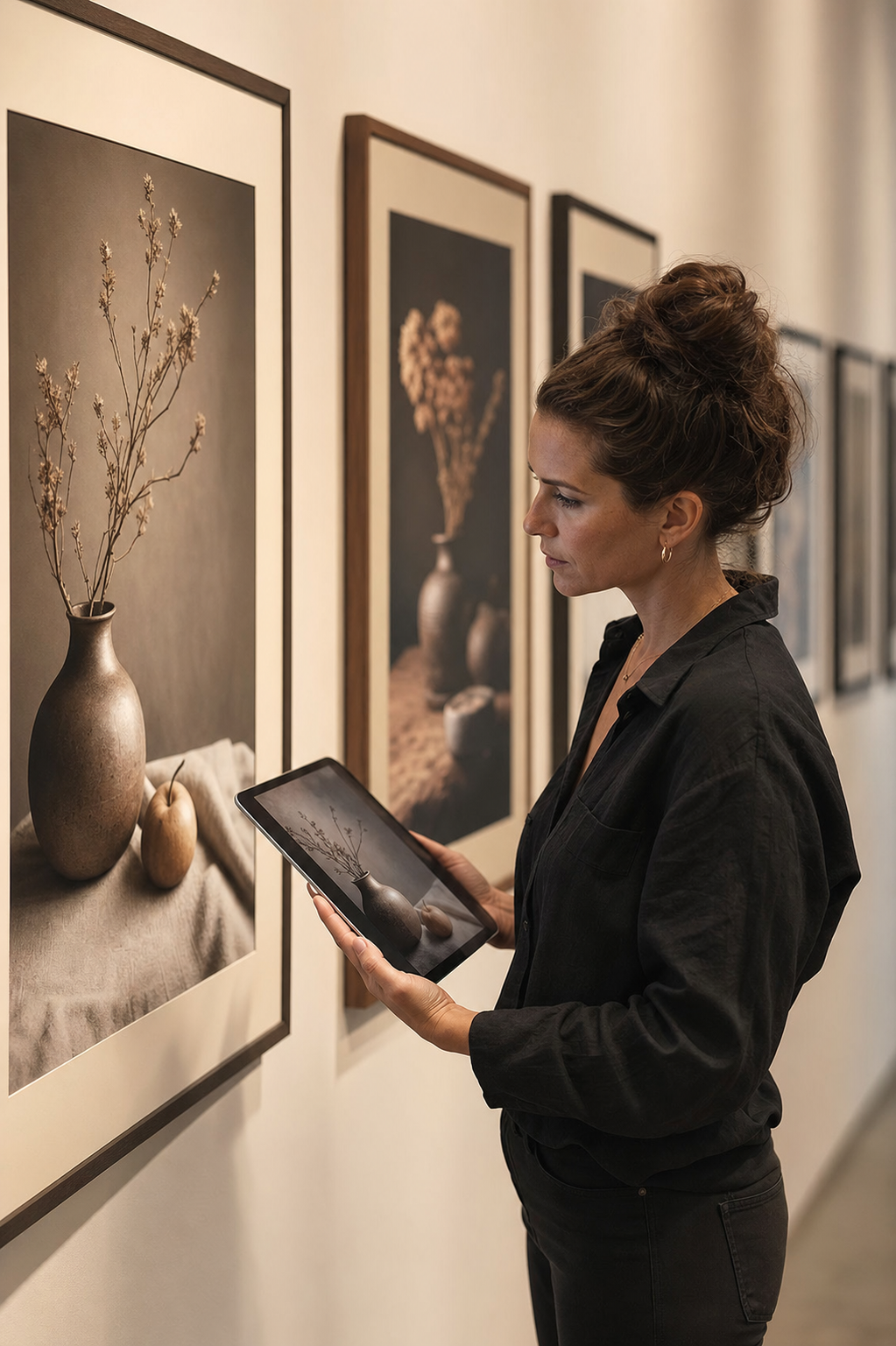 Revisione di stampe fine art su parete espositiva in studio a Foggia